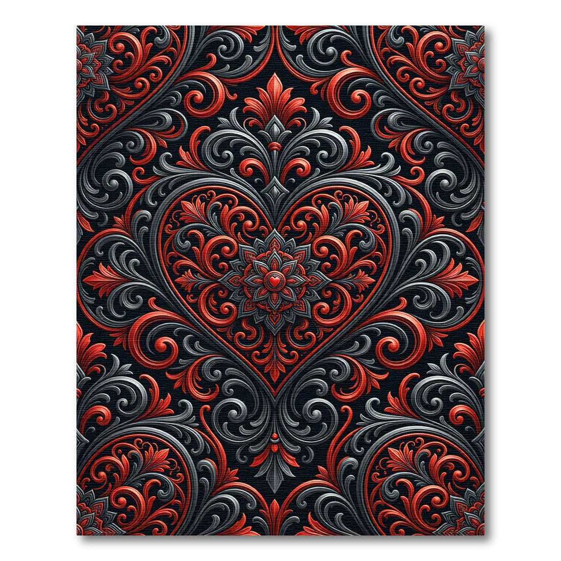 Red Gray Black Heart Scrollwork Rug