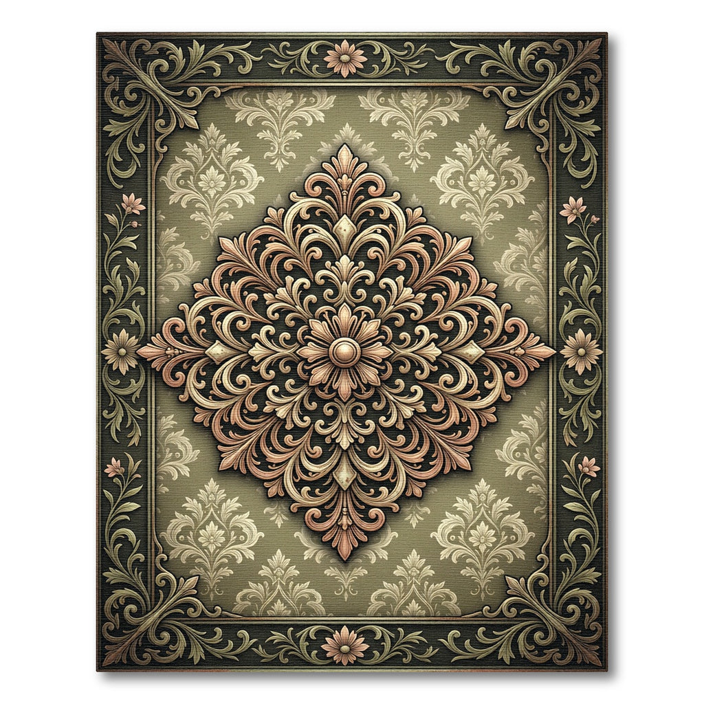Elegant Sage Green Ornate Damask Medallion Rug