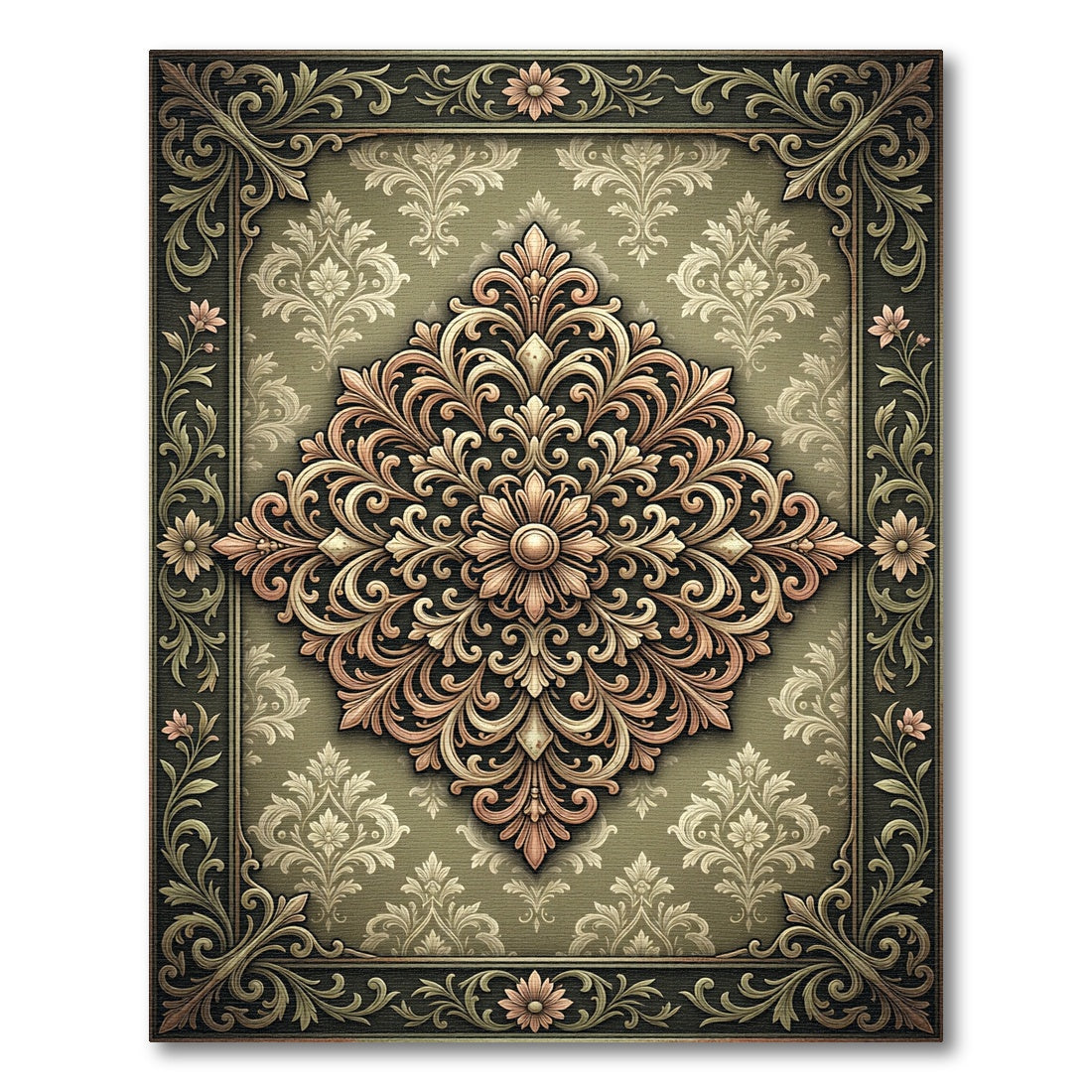 Elegant Sage Green Ornate Damask Medallion Rug
