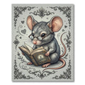 Whimsical Gray Mouse Reading Scholar Illustration Rug