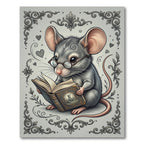 Whimsical Gray Mouse Reading Scholar Illustration Rug