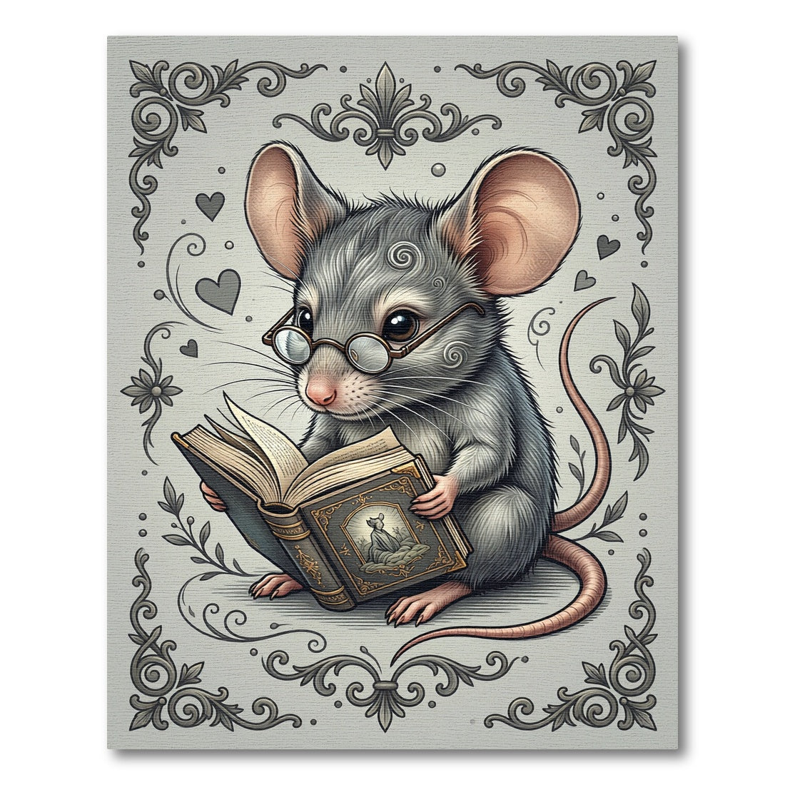 Whimsical Gray Mouse Reading Scholar Illustration Rug