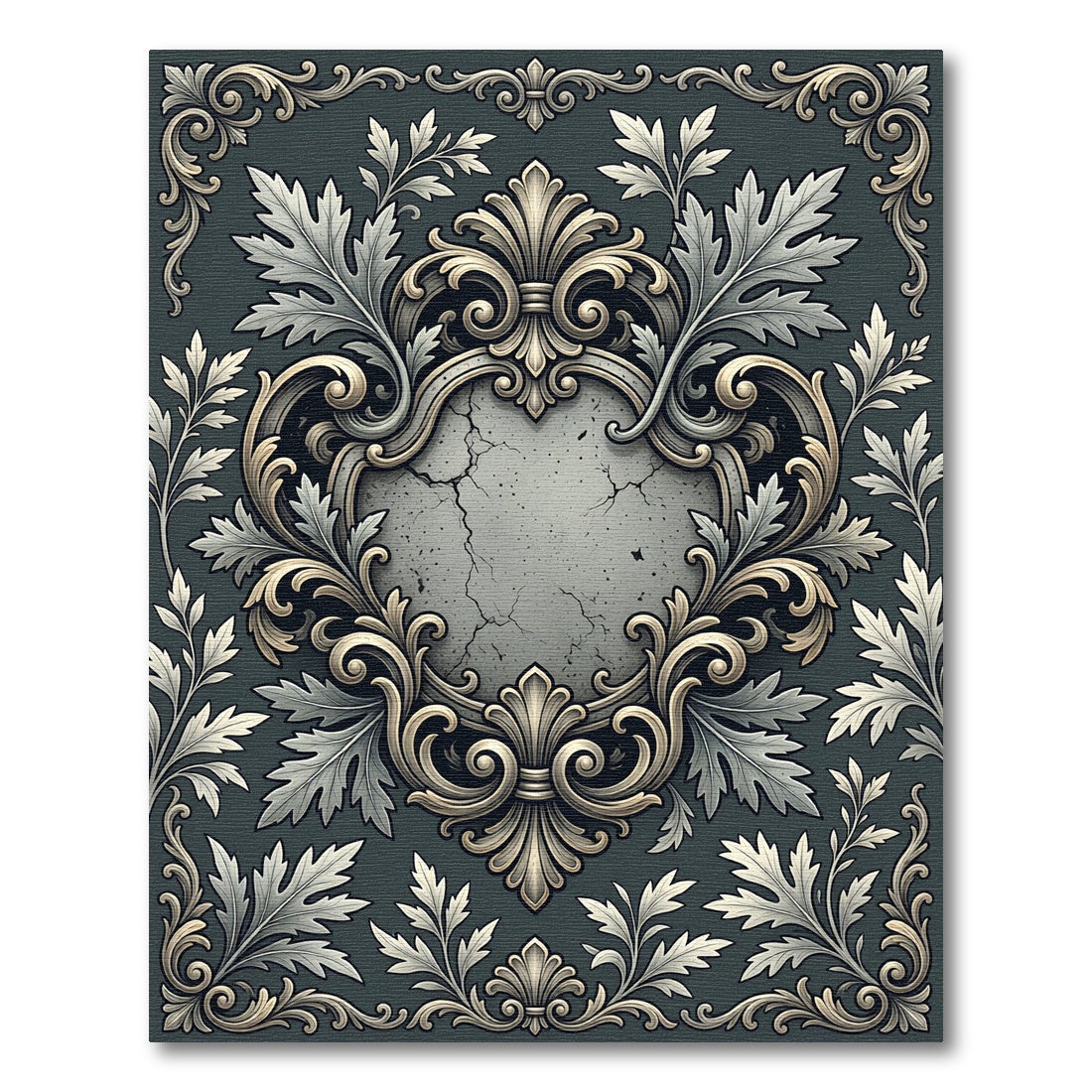 Elegant Slate Gray Ornate Damask Medallion Rug