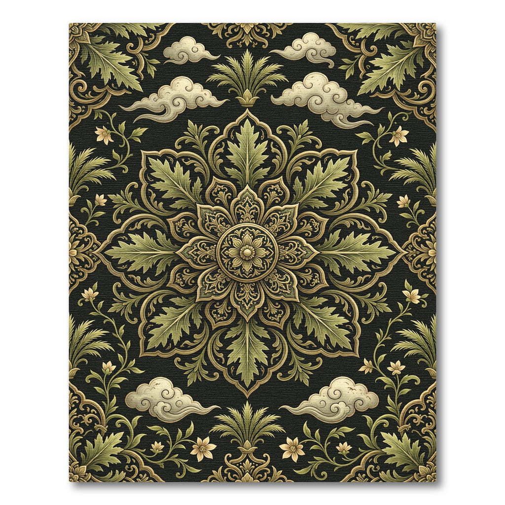 Ornate Olive Gold Floral Medallion Rug