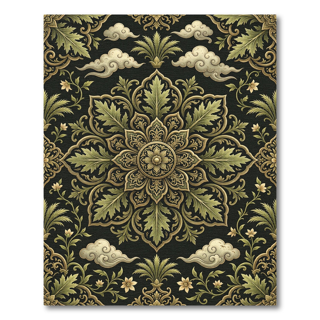 Ornate Olive Gold Floral Medallion Rug