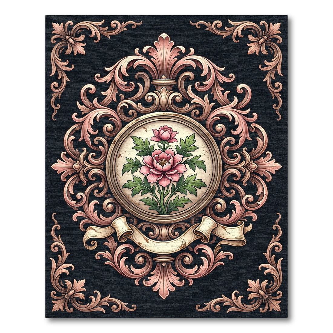 Ornate Pink Rose Baroque Medallion Rug