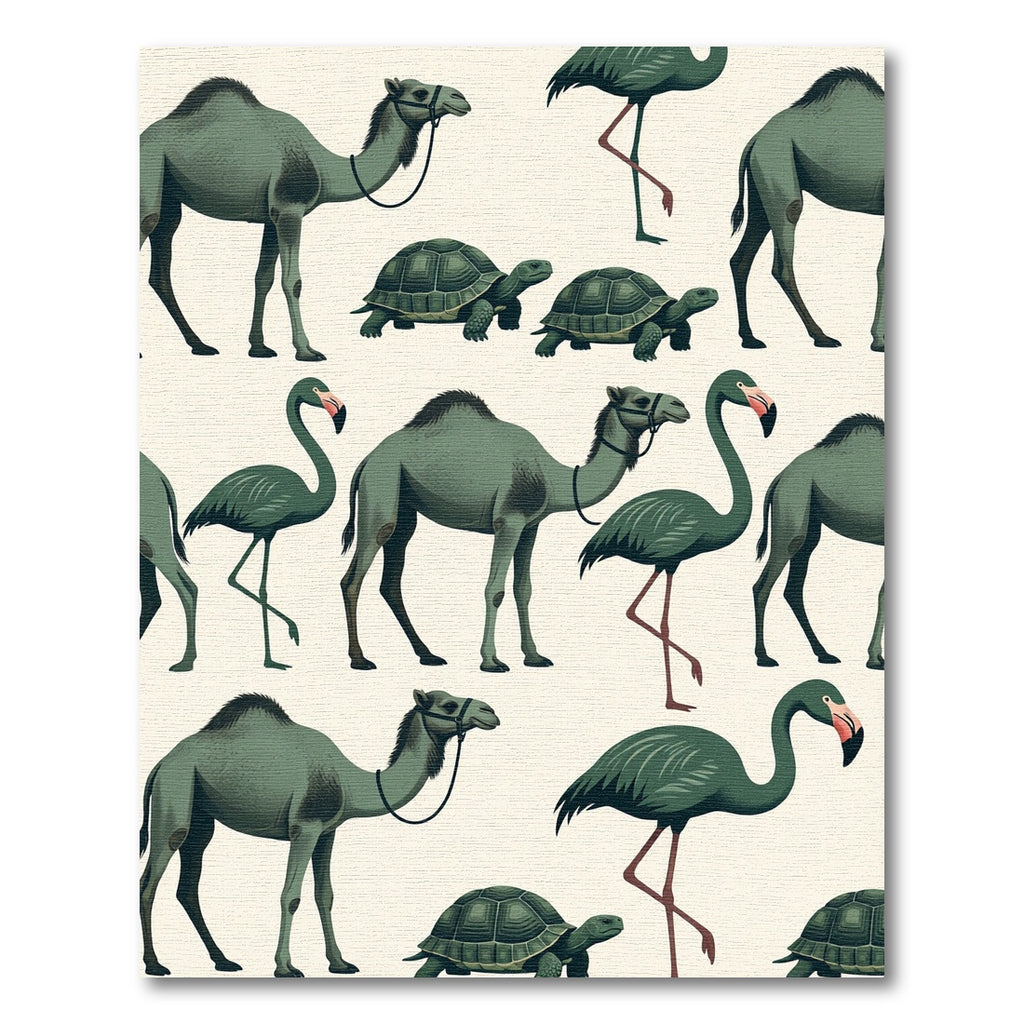 Sage Camel and Flamingo Wildlife Illustration Rug