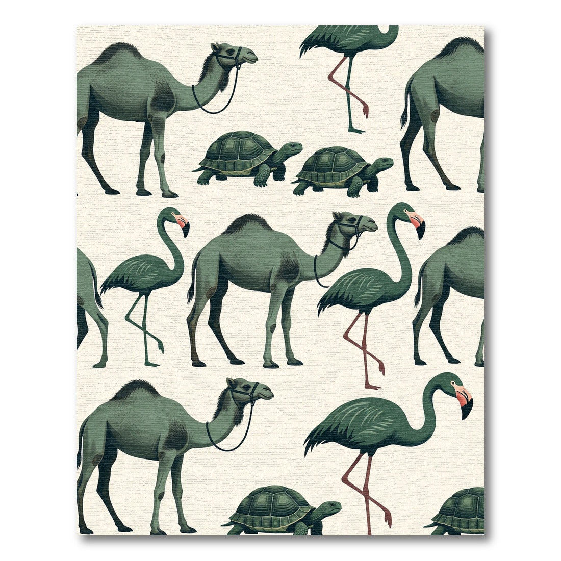 Sage Camel and Flamingo Wildlife Illustration Rug