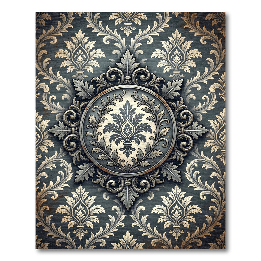Elegant Slate Damask Circular Medallion Rug