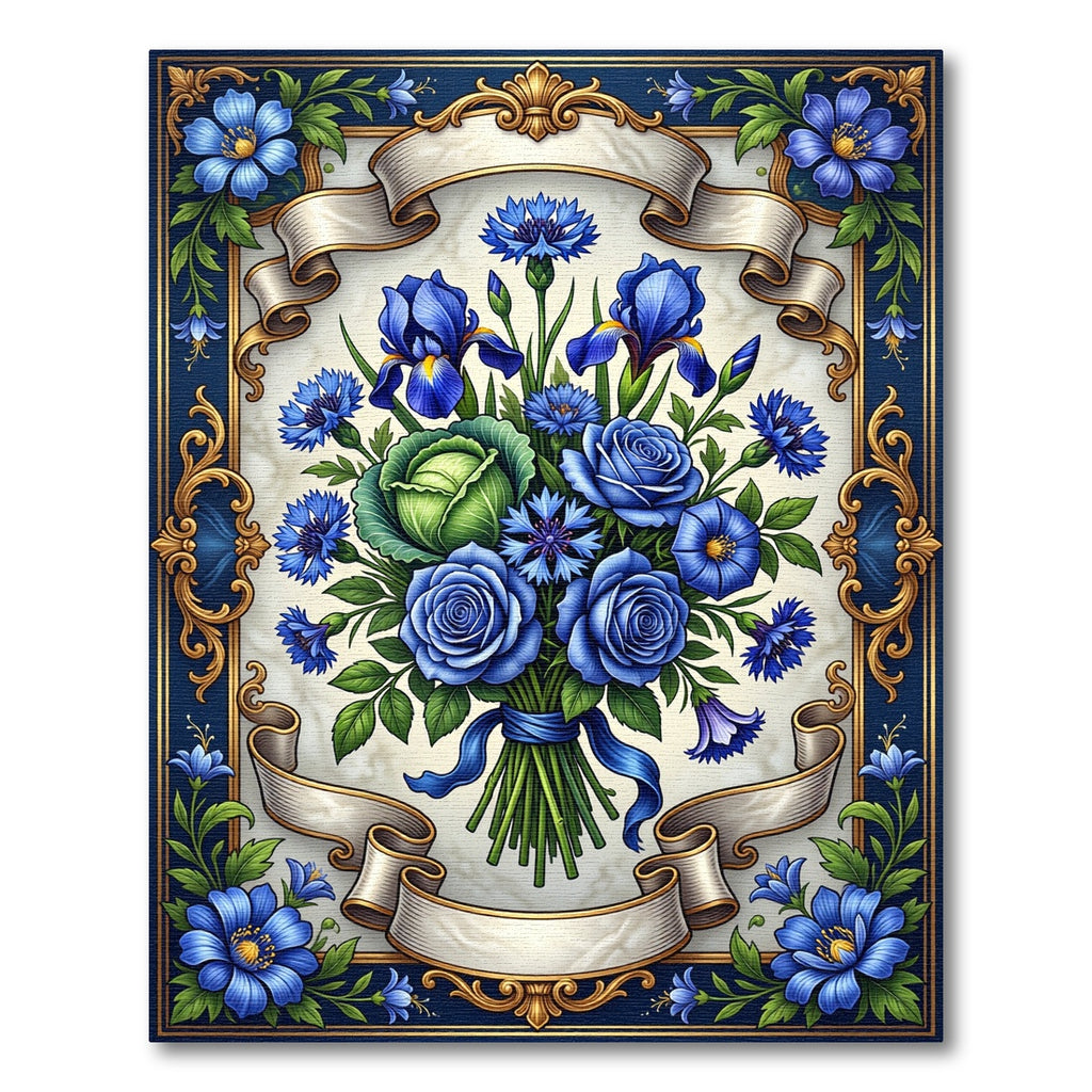Regal Blue Floral Arrangement Ribbon Border Rug