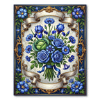 Regal Blue Floral Arrangement Ribbon Border Rug