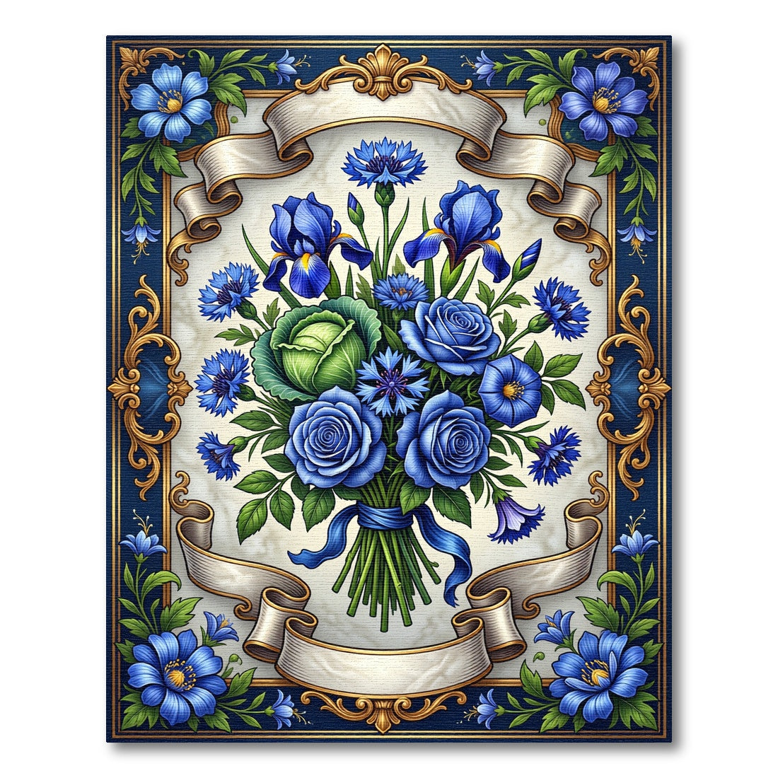 Regal Blue Floral Arrangement Ribbon Border Rug