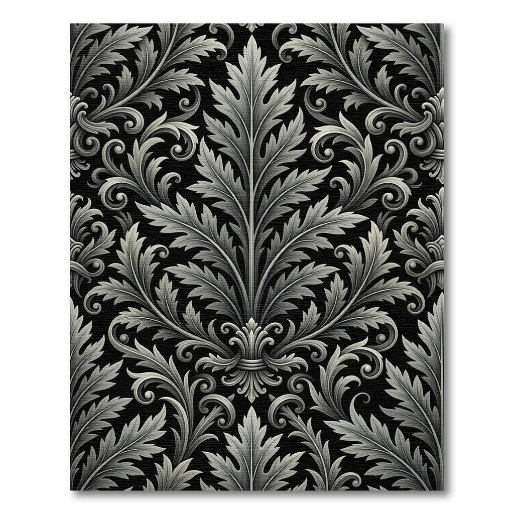 Ornate Silver Acanthus Damask Monochrome Rug