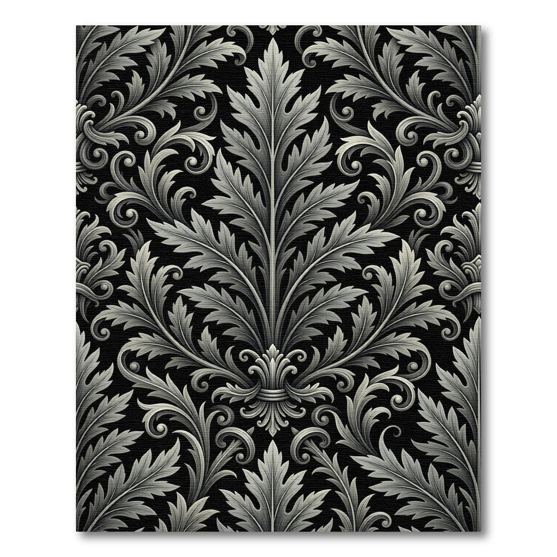 Ornate Silver Acanthus Damask Monochrome Rug