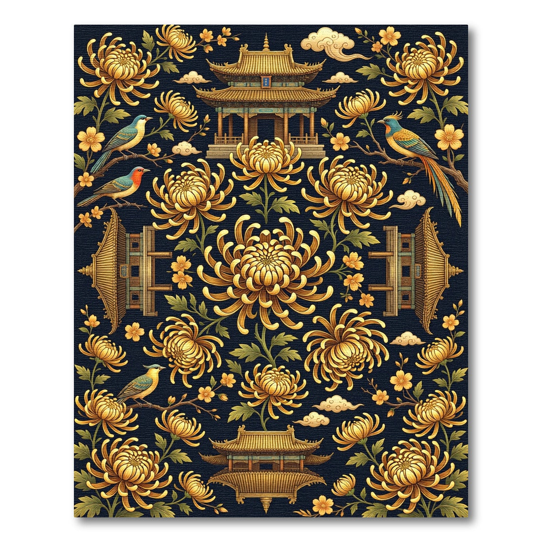 Golden Chrysanthemum Pagoda Bird Art Rug