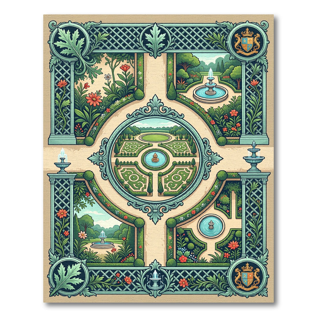 Royal Teal Verdant Botanical Fountain Garden Rug