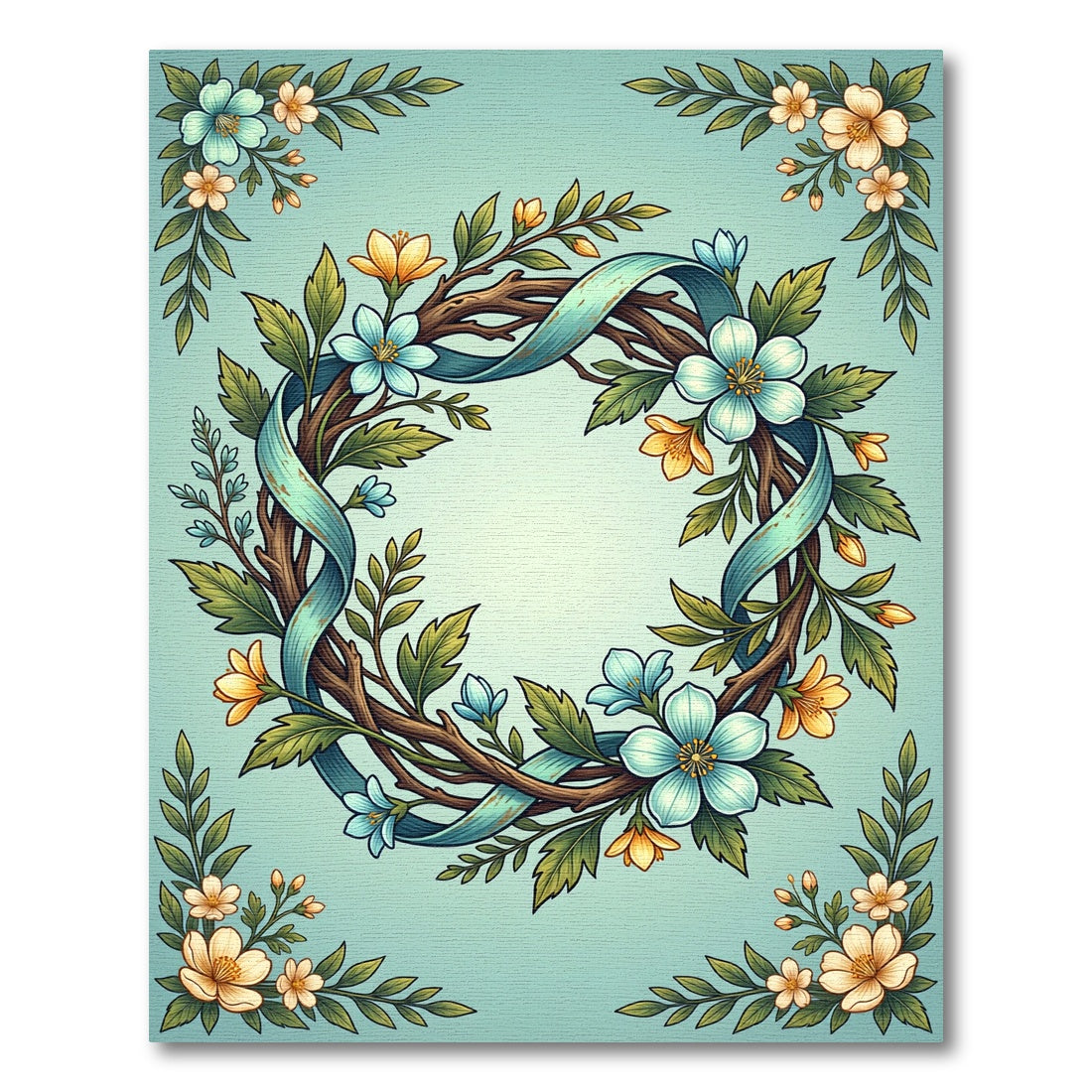 Whimsical Blue Floral Wreath Ribbon Rug