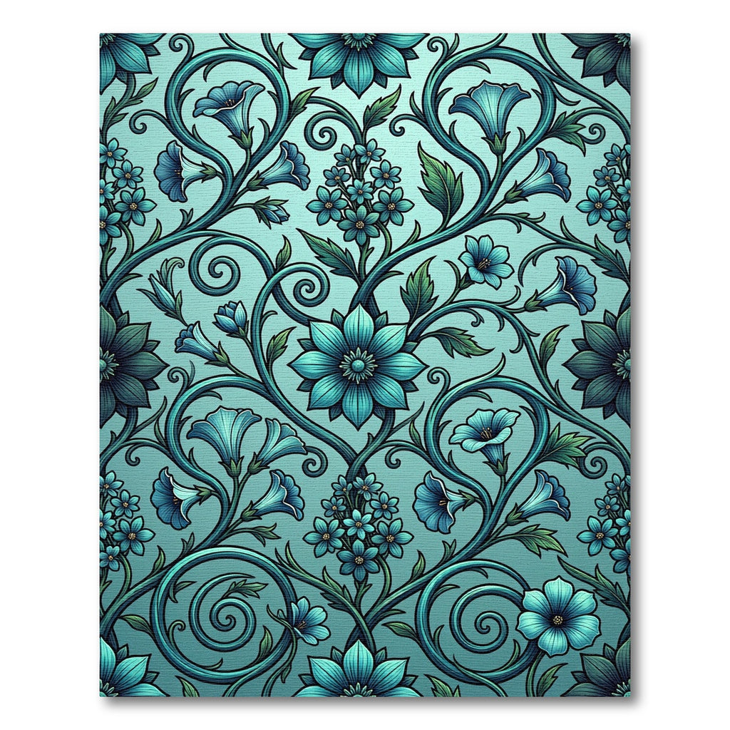 Teal Floral Scroll Botanical Vines Rug