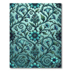 Teal Floral Scroll Botanical Vines Rug