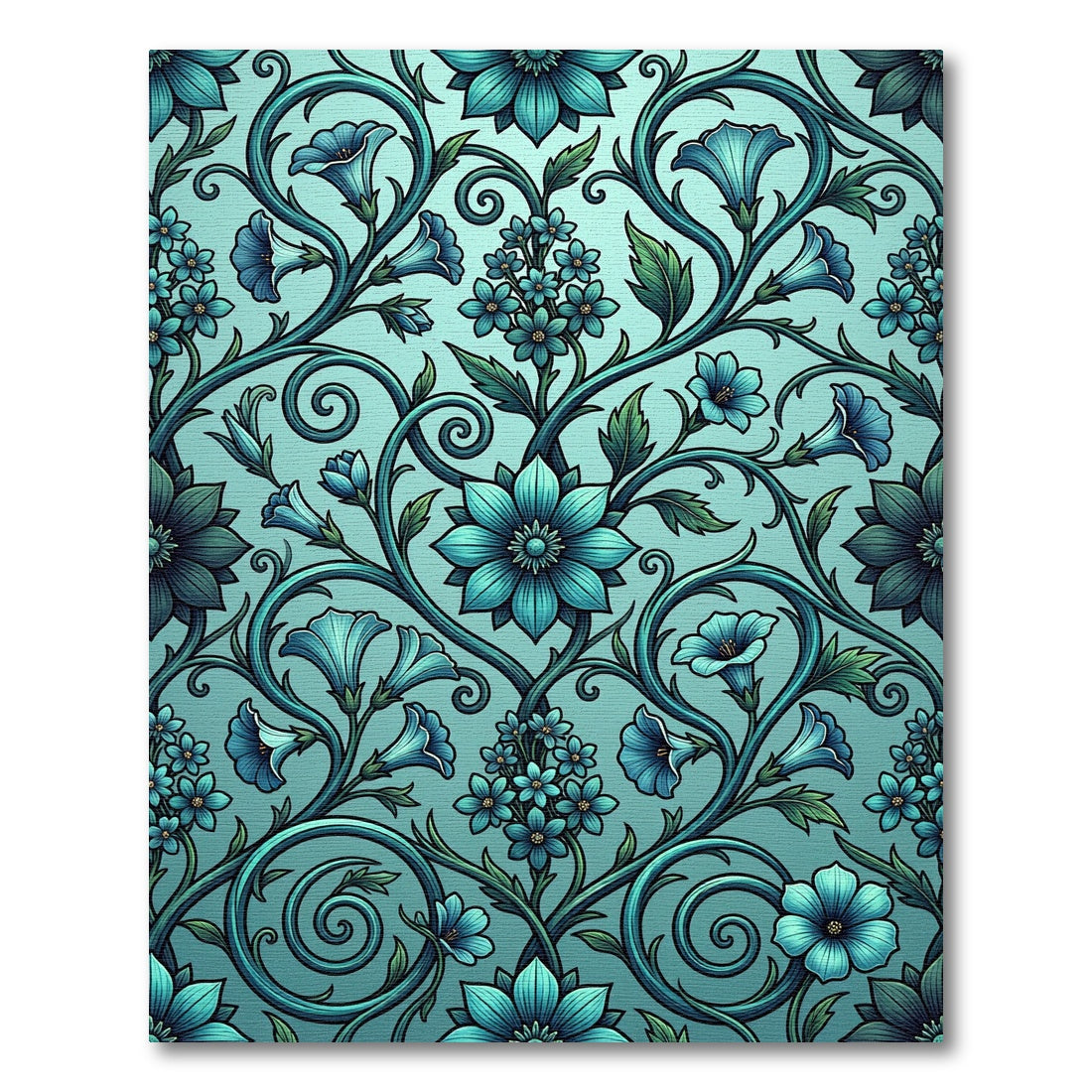 Teal Floral Scroll Botanical Vines Rug