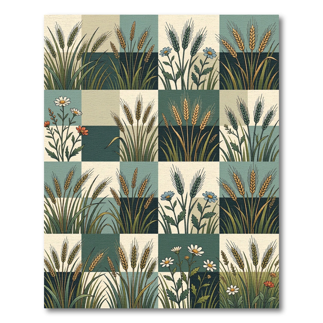 Sage Green Wheat and Daisy Grid Rug