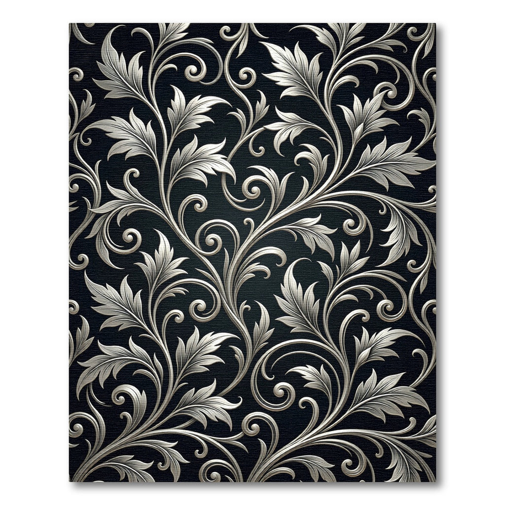 Silver Floral Scrollwork on Dark Background Rug