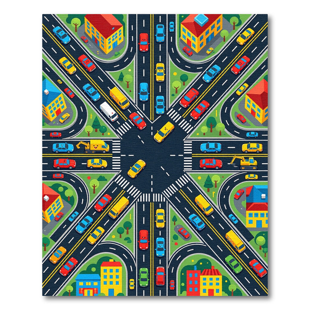 Vibrant Isometric City Traffic Intersection Grid Rug