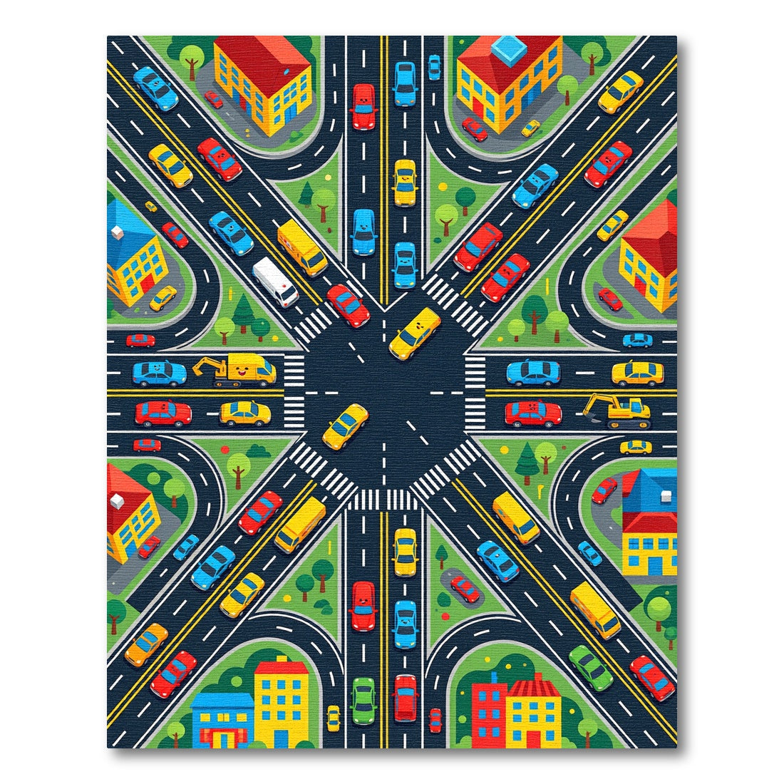 Vibrant Isometric City Traffic Intersection Grid Rug