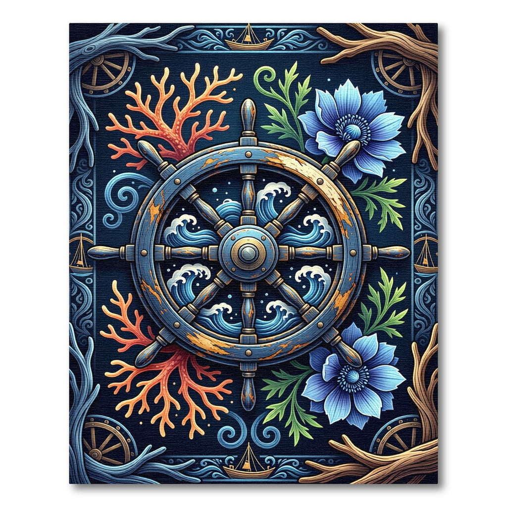Nautical Ship Wheel Coral Blue Floral Rug