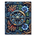 Nautical Ship Wheel Coral Blue Floral Rug