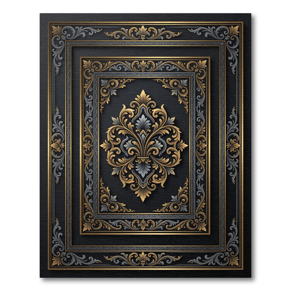 Ornate Gold and Gray Damask Frame Rug