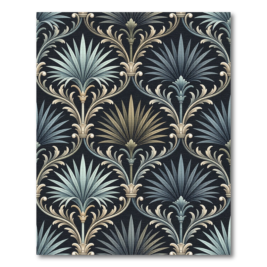 Damask Teal Palm Leaf Scroll Rug