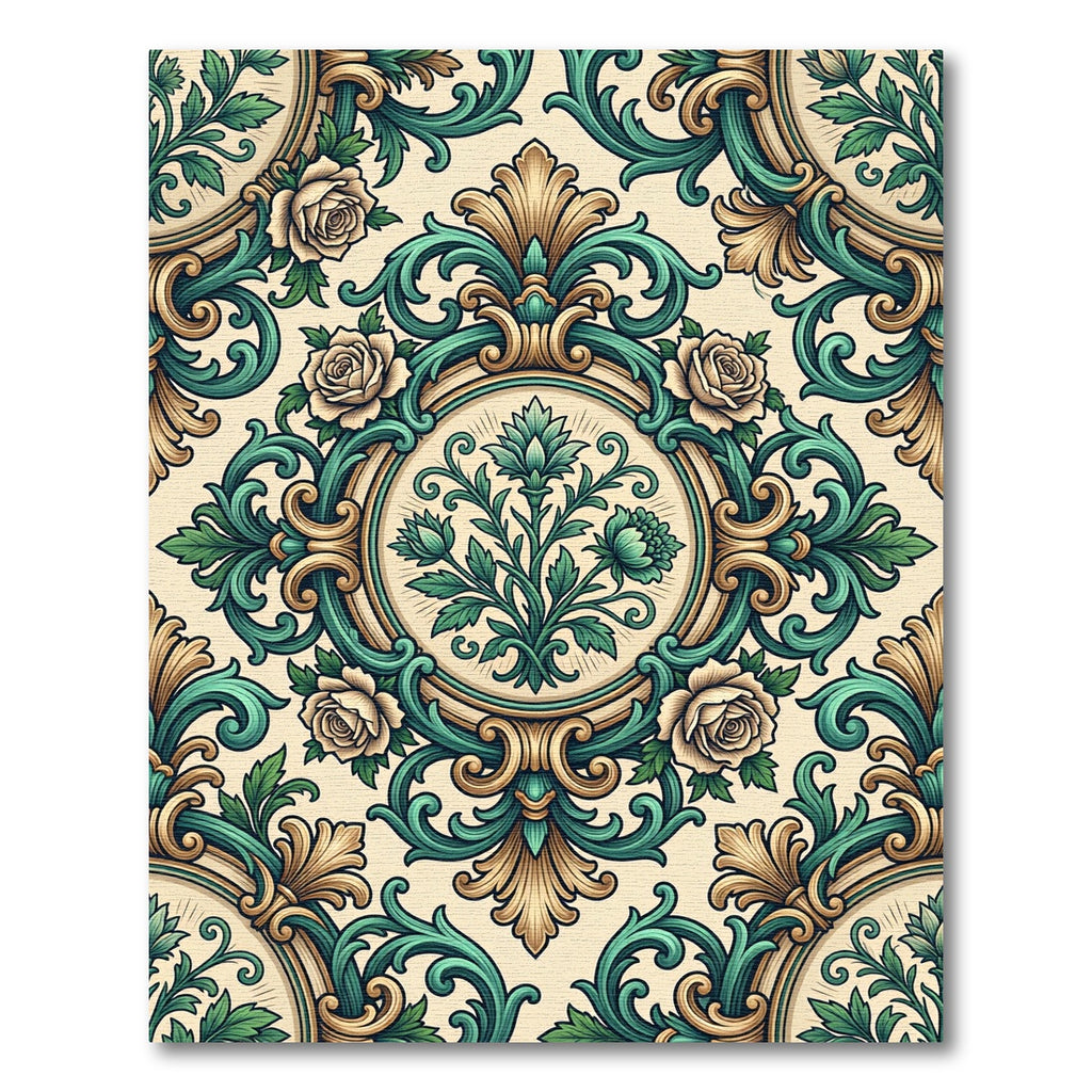 Elegant Teal and Gold Rose Damask Rug