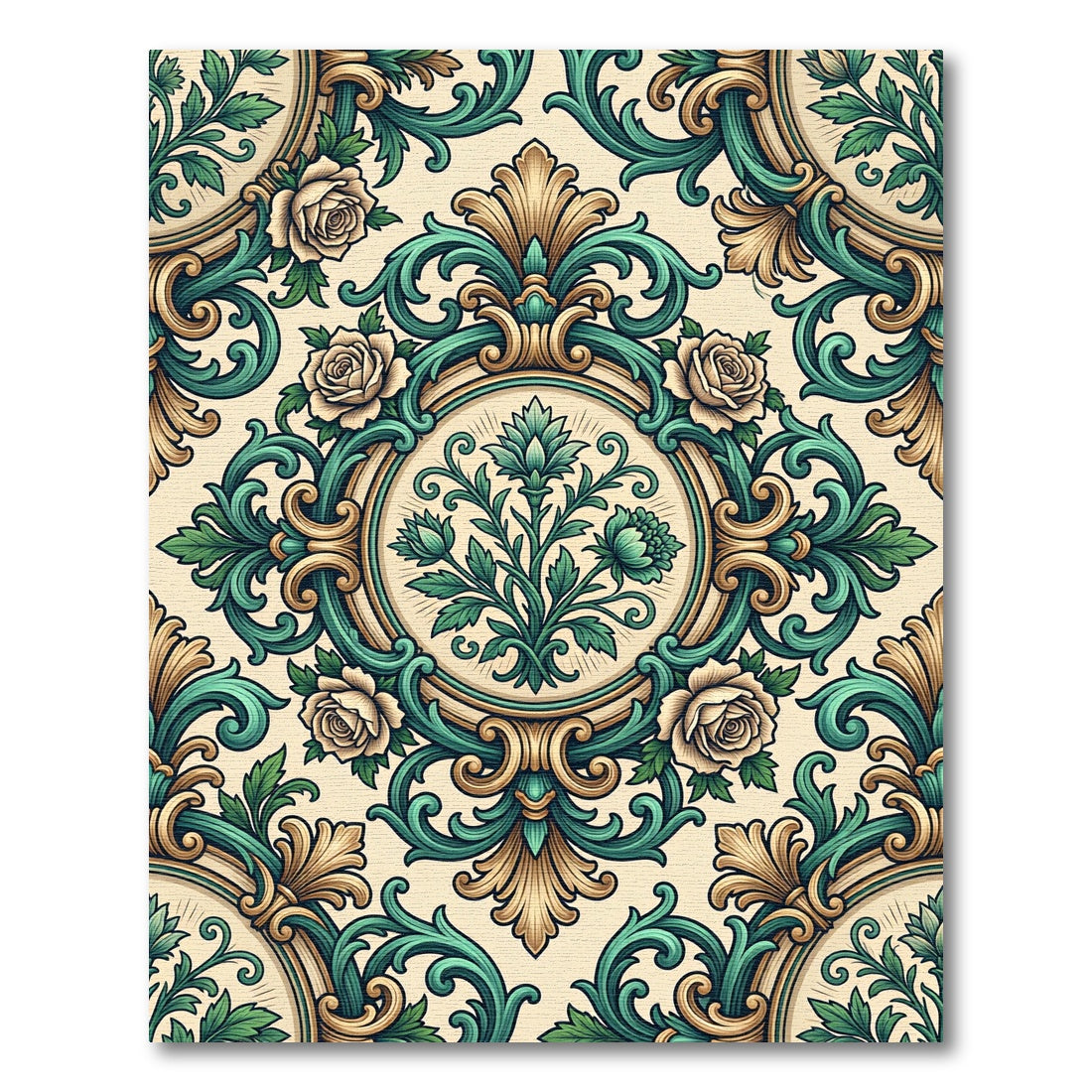 Elegant Teal and Gold Rose Damask Rug