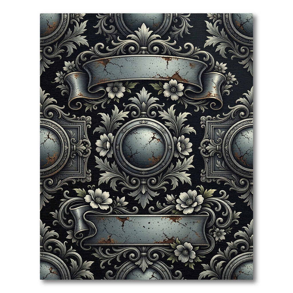 Antique Gray Floral Scrollwork Emblem Rug