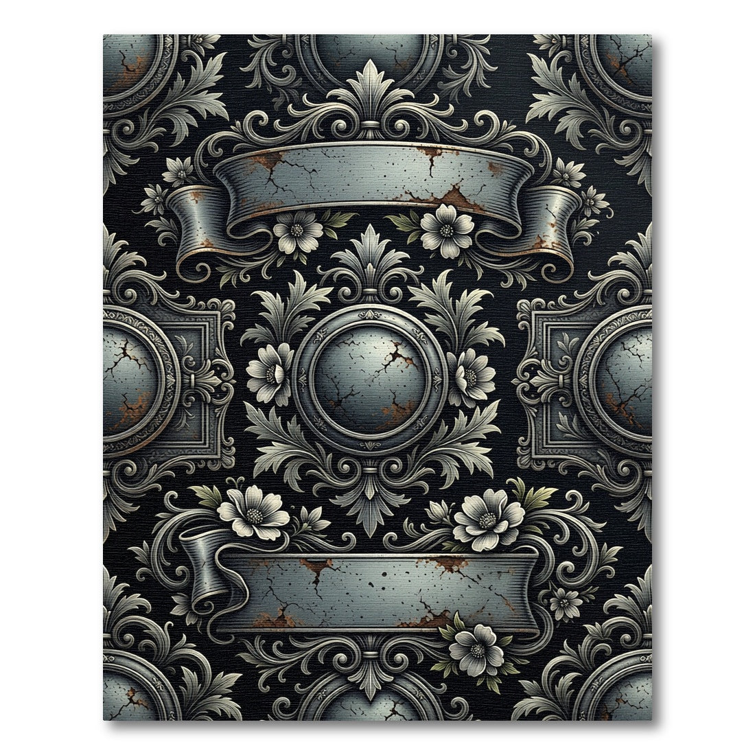 Antique Gray Floral Scrollwork Emblem Rug