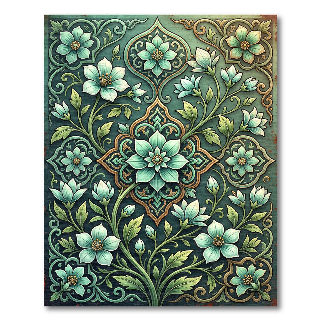 Elegant Teal Floral Vine Medallion Rug