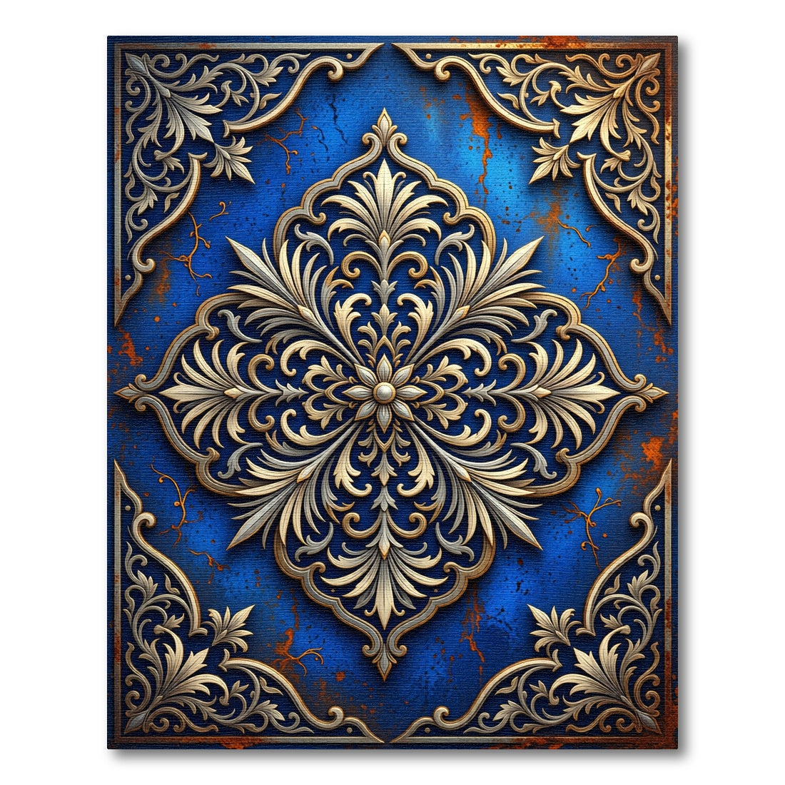 Ornate Royal Blue Golden Damask Scroll Rug