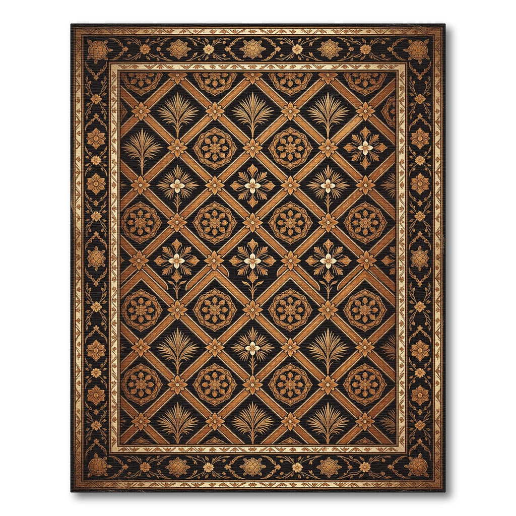 Ornate Black Gold Lattice Floral Rug