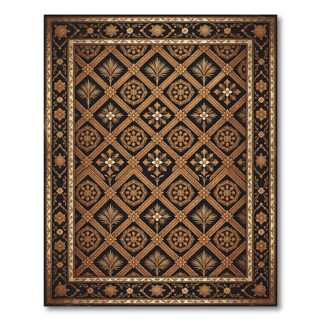 Ornate Black Gold Lattice Floral Rug