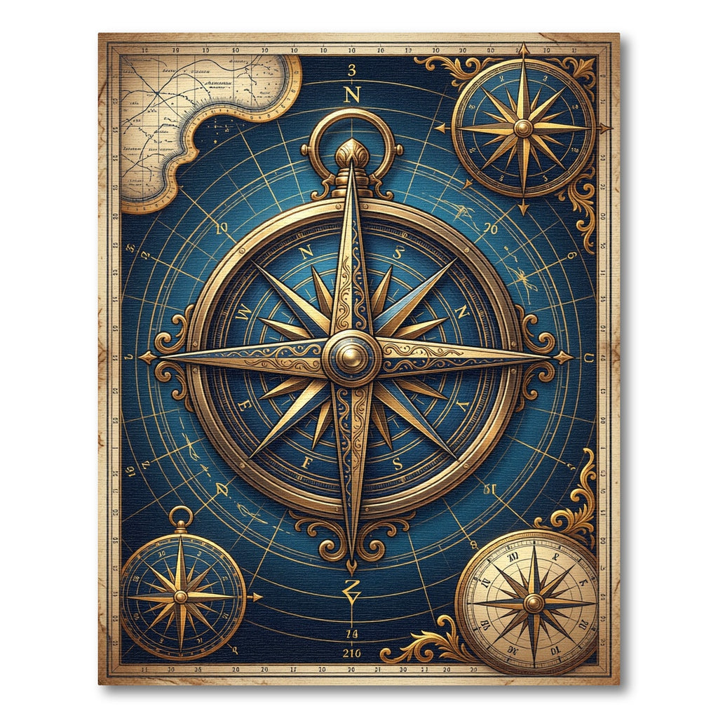 Golden Antique Compass Blue Nautical Rug