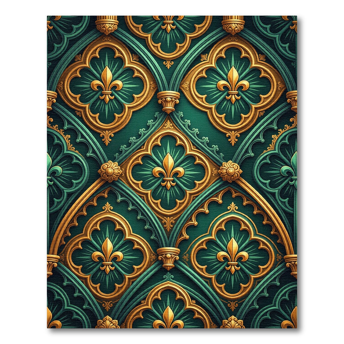 Emerald Gold Gothic Fleur-de-lis Lattice Rug