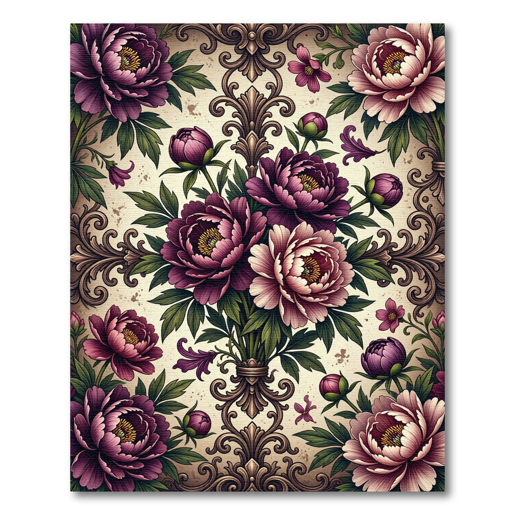 Elegant Purple Peony Floral Damask Rug