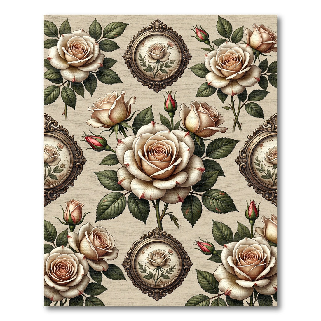 Cream Roses Vintage Oval Framed Medallions Rug