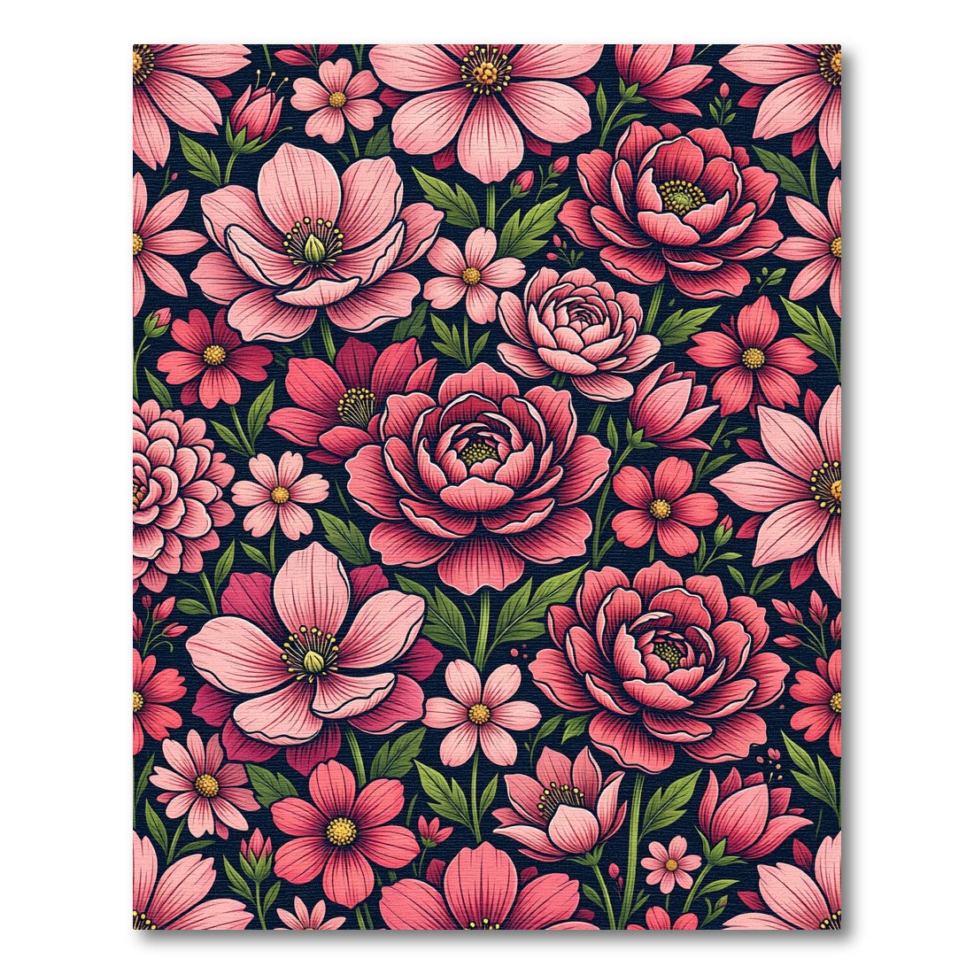 Dark Navy Pink Floral Botanical Garden Rug