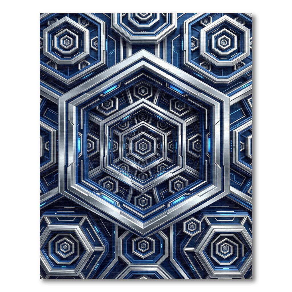 Futuristic Metallic Blue Geometric Hexagon Rug