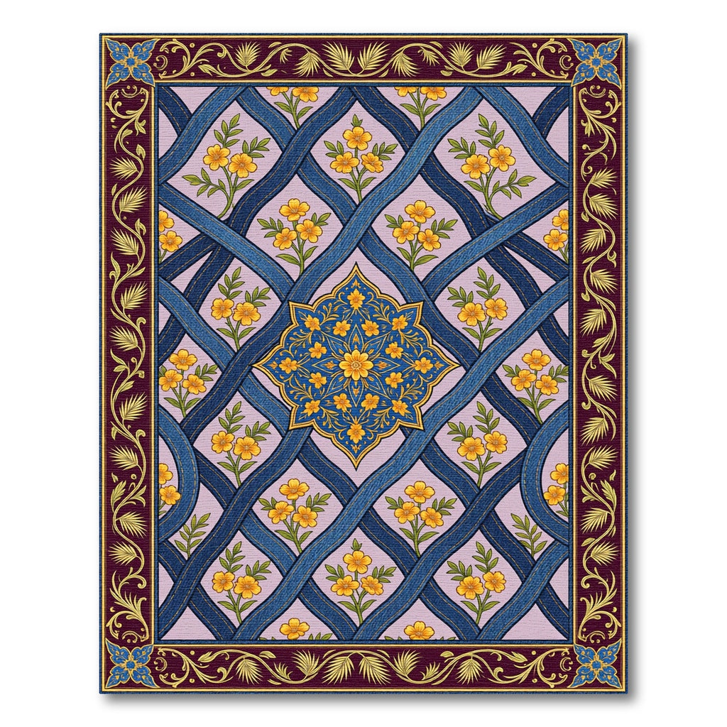 Blue Lattice Floral Yellow Blossom Medallion Rug