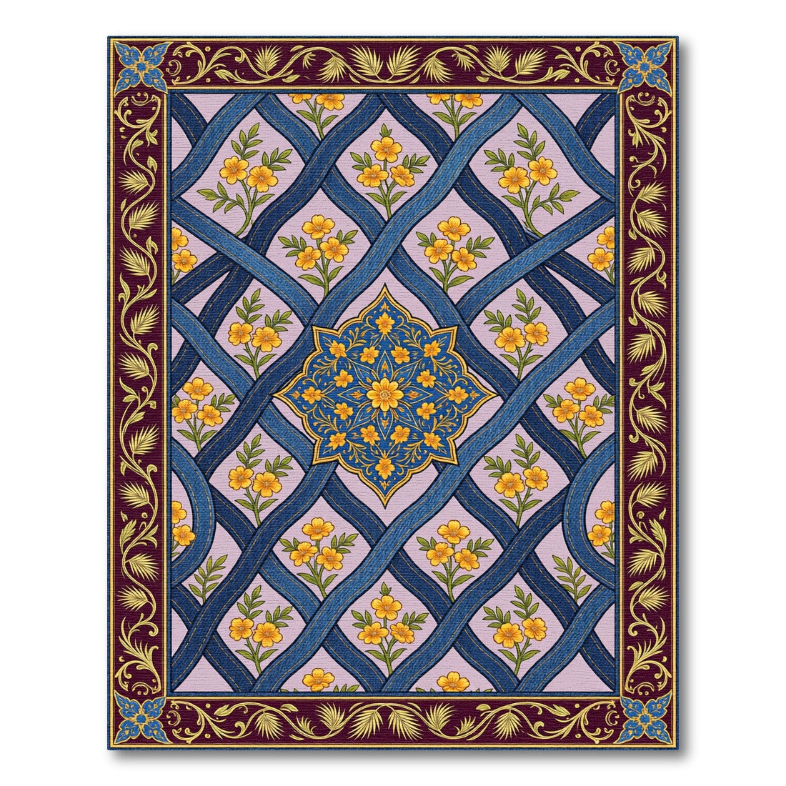 Blue Lattice Floral Yellow Blossom Medallion Rug