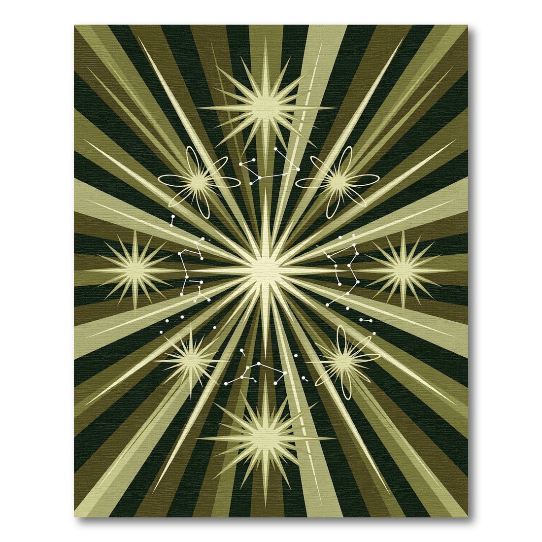 Celestial Olive Green Sunburst Starry Galaxy Rug
