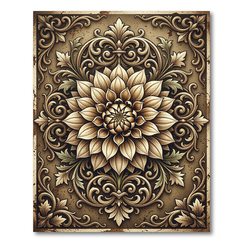 Antique Golden Ornate Floral Scroll Rug